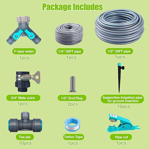 32FT Drip Irrigation System with Quick-Connect Automatic Garden Watering System with 1/4 &amp 1/2 Tubing with Y-Type Water Dsitributor Potted Plants DIY