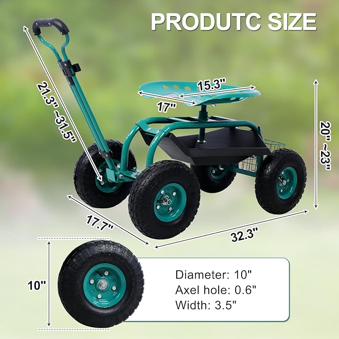 Donext Garden Cart Outdoor Rolling Garden with Wheels 360 Degree Swivel Seat Wagon Scooter with Steering Handle &amp Utility Tool Tray Green