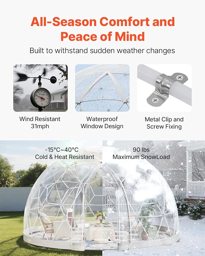 VEVOR Garden Dome Tent 12 x 7.2 ft Clear Bubble Tent House for 4-7 Person Waterproof PVC Geodesic Dome Greenhouse with Ventilated Window Outdoor Igloo Tents for Patio Backyard Party Camping