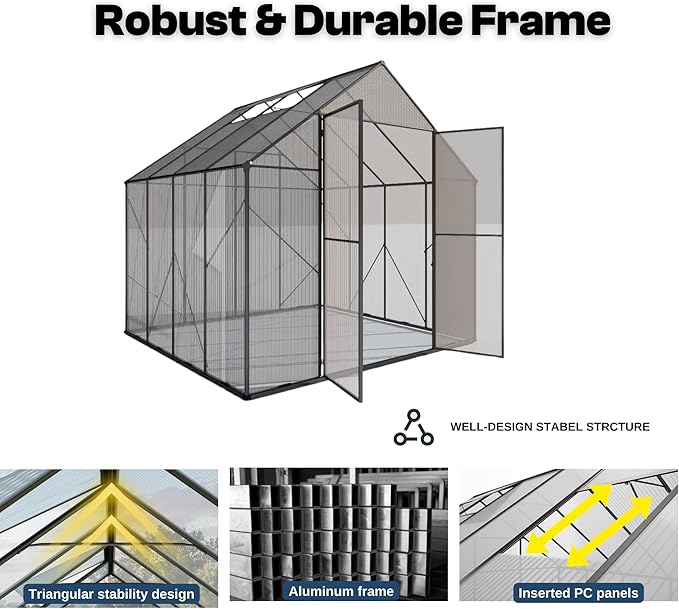 Kingdura 8x8ft Walk-in Greenhouse for Outdoors Large Polycarbonate Greenhouses with Heavy Duty Aluminum Frame Adjustable Roof Vent Lockable Door UV Protection for Outside Garden Backyard
