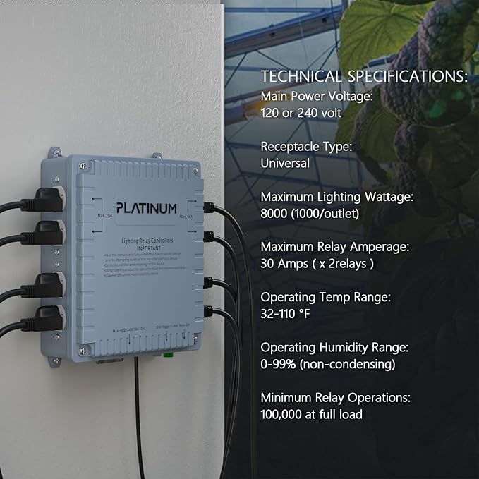 Lighting Relay Controller 8000W 8-Light HID Master Relay Controller w/Trigger Cord for Hydroponics Indoor Grow Lighting (8-Outlet)