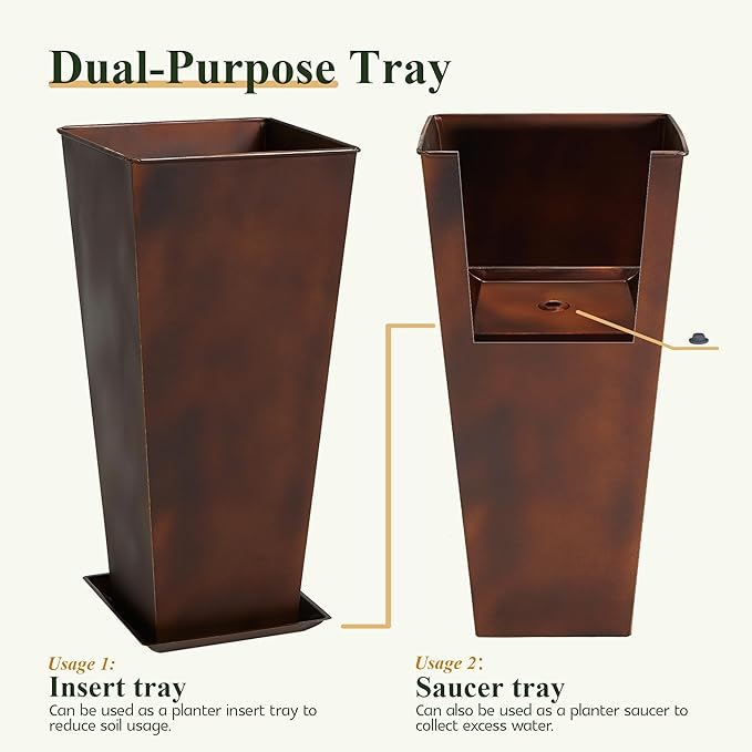 Worth Garden 12 Dia x 25 H Large Metal Planter Set of 2 Matte Bronze Retro Finish Tall Square Tapered Steel Plant Pots Decor Flower Pot Indoor &amp Outdoor Drainage Hole &amp Dual-Purpose Plant