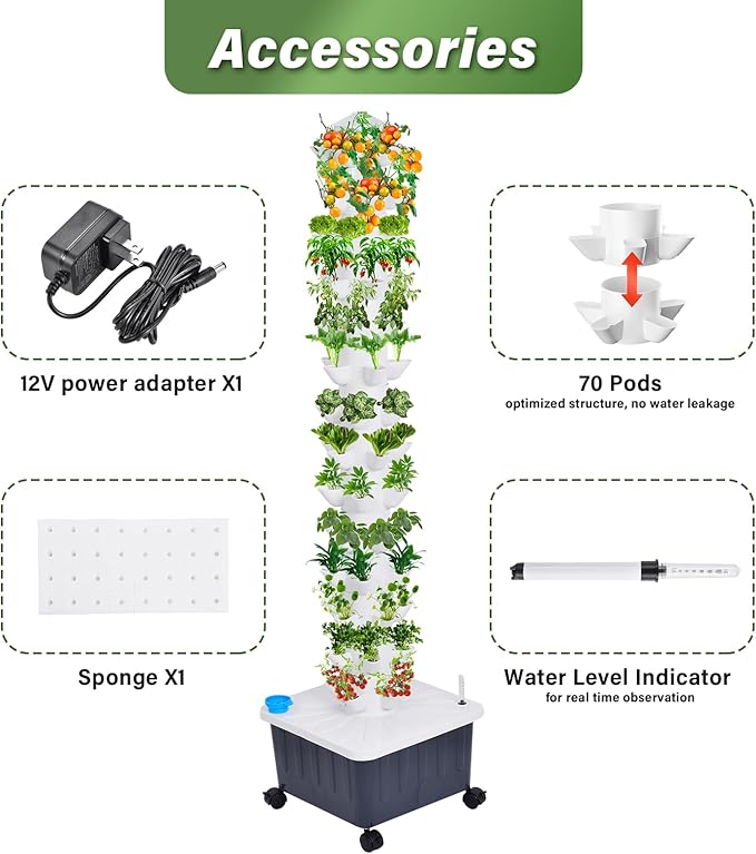 Hydroponic Tower Growing System 14 Layer 70 Pods Hydroponic Grow Tower Kit with Water Pump and Movable Water Tank Modulars Indoor/Outdoor for Vegetable Strawberries Lettuce