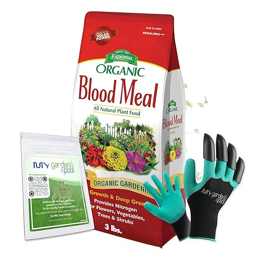 Espoma DB03 Blood Meal 3 lb. with My Garden Pool PH Soil Test Strips 20 ct and My Garden Pool Superior Gardening Claw Gloves and Garden-IQ Smart Gardening AI Assistant!