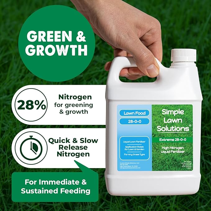 Maximum Green &amp Growth- High Nitrogen 28-0-0 NPK- Lawn Food Quality Liquid Fertilizer- Spring &amp Summer- Any Grass Type- Simple Lawn Solutions - Concentrated Quick &amp Slow Release Blend (1 Q