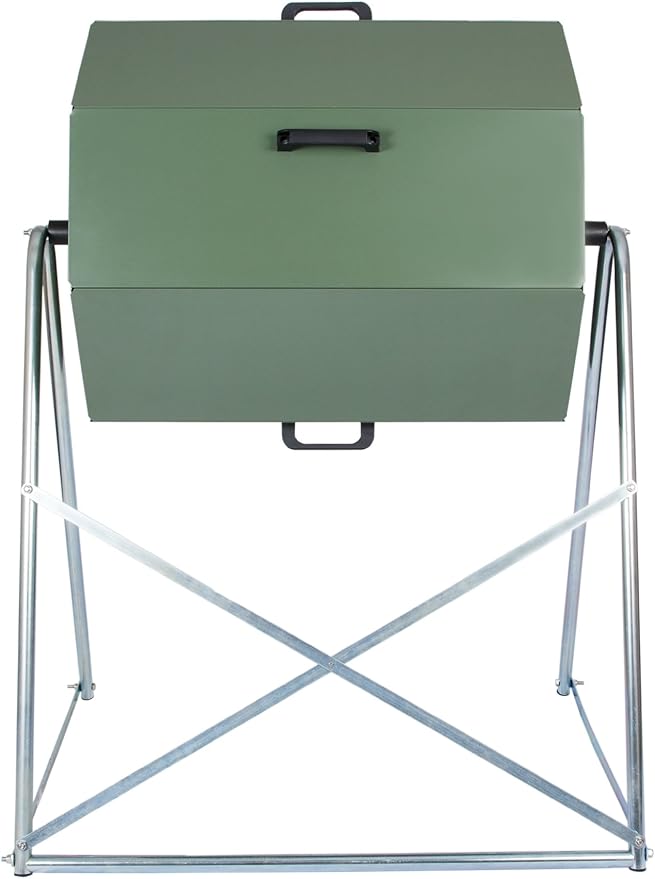 Jora Outdoor Compost Tumbler - Dual Chambers Dual Doors &amp Galvanized Steel Construction - 33 Gallon Capacity - Rotating Heat Generating Insulated Compost Bin