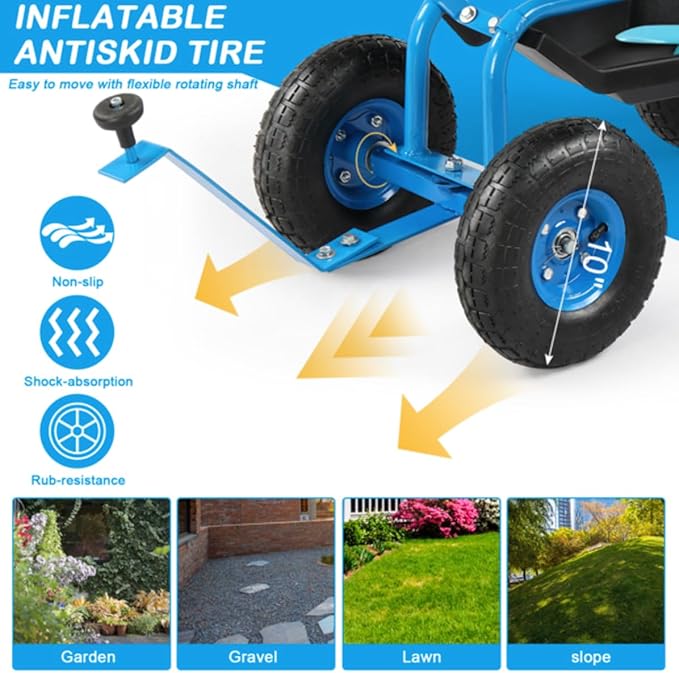 Rolling Garden Cart with Resting Seat Outdoor Patio Gardening Stool for Planting Garden Scooter with 360 Degree Swivel Seat &amp Tool Tray for Longer Hours of Horticulture (Blue Seat)