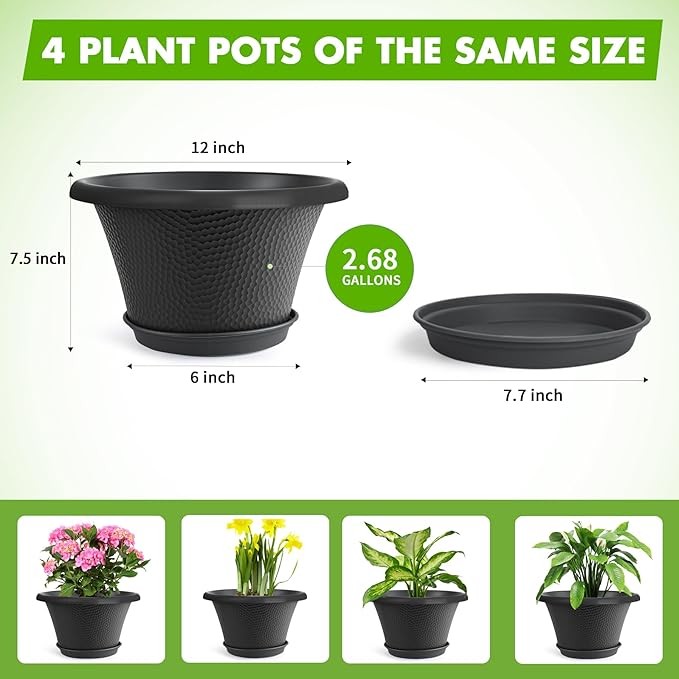Quarut 12 Inch Pots for Plants4 Pack Large Flower Pots with Drainage Hole &amp SaucerModern Planters for Indoor Outdoor PlantsDecorative Resin Garden Pots Black