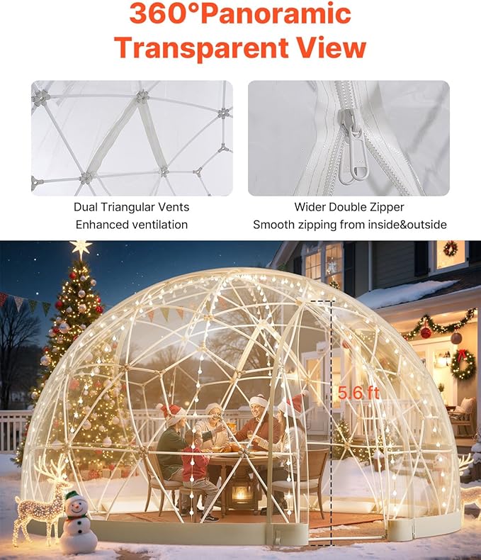 VEVOR Garden Dome Tent 12 x 7.2 ft Clear Bubble Tent House for 4-7 Person Waterproof PVC Geodesic Dome Greenhouse with Ventilated Window Outdoor Igloo Tents for Patio Backyard Party Camping