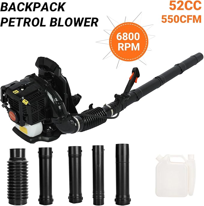 cdar Backpack Gas Powered Leaf Blower 2 Stroke Grass Lawn Blower Air Cooling Gasoline Backpack Grass Blower with Air-Cooled Snow Blower for Lawn Care Road Cleaning (550CFM 52CC Orange Black)