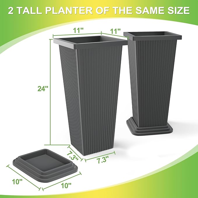 Set of 2 Tall Planters 24 Large Indoor Outdoor Flower Pots with Tray Modern Tapered Planters for Porch Patio Garden Backyard