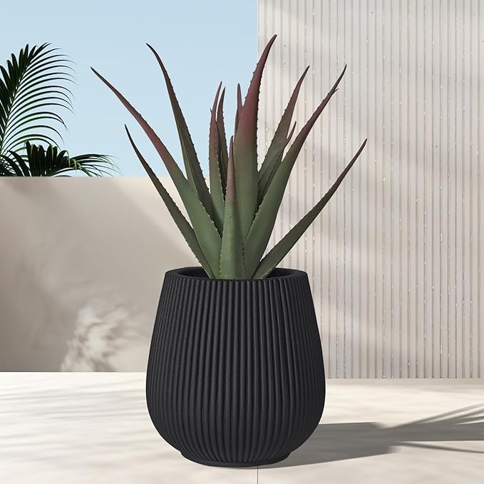 16 Inch Handmade Concrete Outdoor Planter - Classic Striped Design | Fiberglass &amp Composite Material | Durable for Commercial &amp Home Decor