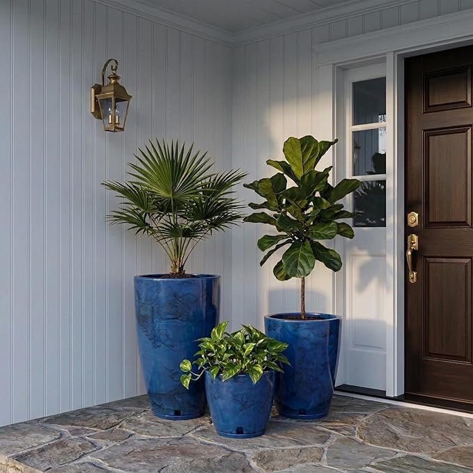 Floridis Planter Set of 3 Outdoor/Indoor Plastic Resin (Blue - Marble Effect)