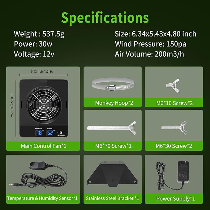 4-Inch Grow Tent Inline Duct Fan Automatic Temperature &amp Humidity Sensing Control Ventilation System for Grow Tents Greenhouses