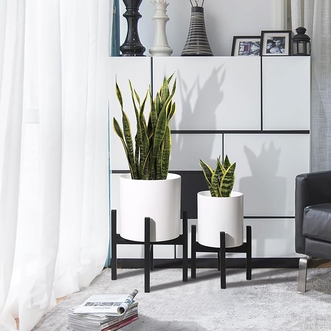 Plant Pot with Stands Set of 2 Mid Century Planters for Indoor Plants Modern Decorative Flower Pots for Balcony Office Living Room or Garden with Drainage Plug 12 inch &amp 10 inch