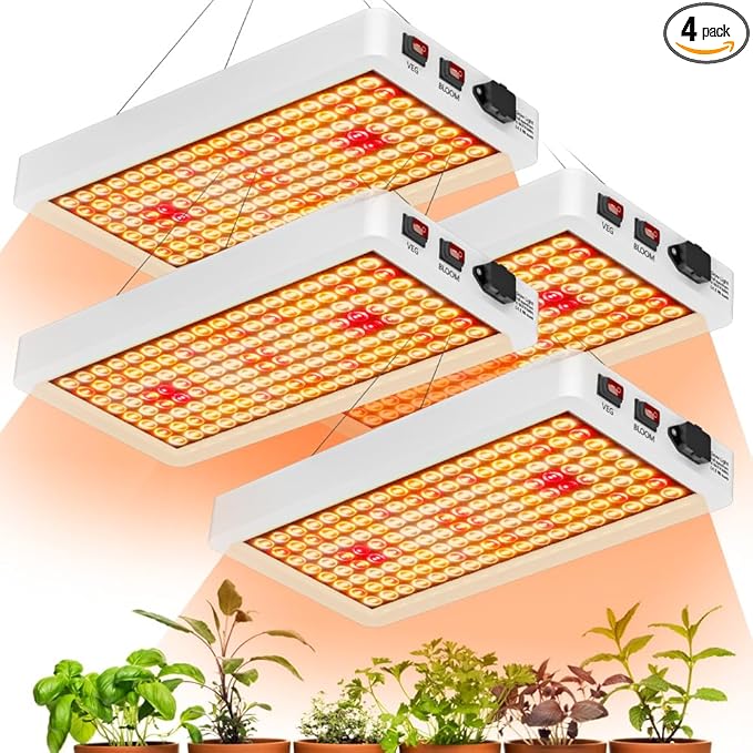 4Pcs 800W LED Full-Spectrum Sunlight Planting Grow Lighting Dimmable Veg/Bloom 2 Modes 100-277V Wide Voltage Sunlike Mimicking Lighting for Hydroponics Greenhouse Tents US Plug Detachable Hooks