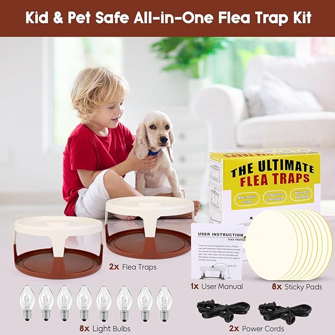 Flea Traps for Inside Your Home 2 Pack Indoor Flea Light Electric Bed Bug Insect Killer with 8 Sticky Pads &amp 8 Light Bulb Replacement Natural Pest Control w/Glue Discs Refills Safe for Kid Pet