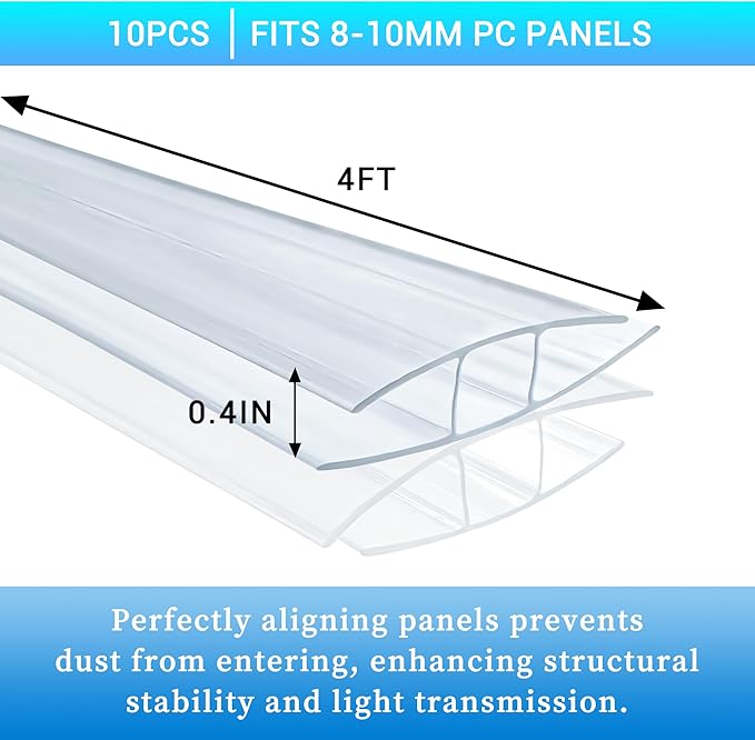 10 PCS Polycarbonate Greenhouse H-Clip Connectors 4ft Length Fits 0.32’’ &amp 0.4’’ Twin-Wall Polycarbonate Panels Duty Dust Rain &amp Moisture Protection Durable (H-Clip 4' × 2.32’’ × 0.4’’)