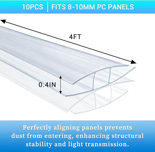 10 PCS Polycarbonate Greenhouse H-Clip Connectors 4ft Length Fits 0.32’’ &amp 0.4’’ Twin-Wall Polycarbonate Panels Duty Dust Rain &amp Moisture Protection Durable (H-Clip 4' × 2.32’’ × 0.4’’)