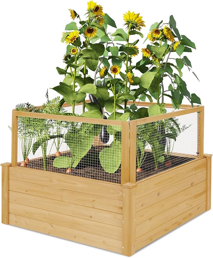 Giantex Raised Garden Bed with Fence Wood Planter Raised Bed with Critter Guard Fence 9 Grids Plant Container Outdoor Plant Box for Garden Patio Backyard Balcony (42 Lx42 Wx32.5 H)