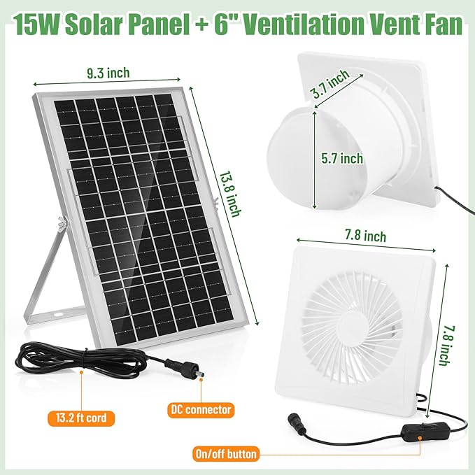 6 Solar Powered Exhaust Fan + 15W Solar Panel High Speed Exhaust Fan with Anti Backflow Valve and Switch Waterproof Solar Powered Fan Kit for Outside Warehouse Shed Kitchen Attic