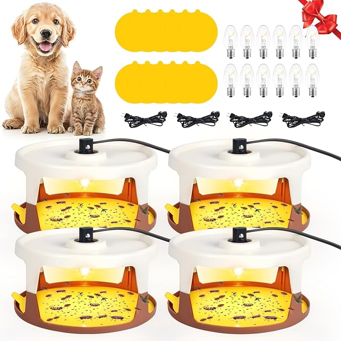 2025 Upgraded Flea Traps for Inside Your Home - 4 Pack Fleas Trap &amp 12 Sticky Pads &amp 12 Bulbs Electric Flea Light Trap for Indoor Kills Fleas Gnats Moths