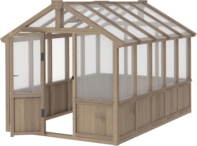 VEIKOU 6' x10' Wood Greenhouse for Outdoors with Lockable Door Cedar Frame &amp Adjustable Vent Wooden Green House with 6MM Thick Polycarbonate Panel for Garden Yard Light Brown Mocha