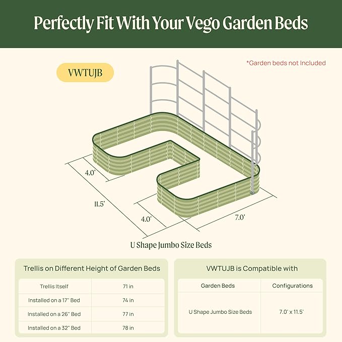 Vego Garden Modular Wall Trellis System 11.5' Long for 7' x 11.5' Jumbo Size U-Shaped Garden Beds (Garden Beds Not Included)