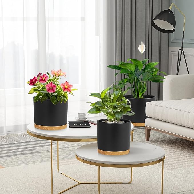 Large Plant Pots Set of 3 – 8 9 10 Indoor Flower Pots with Drainage Holes and Saucers Big Planters for Monstera Fiddle Leaf Fig Snake Plant – 5 Colors