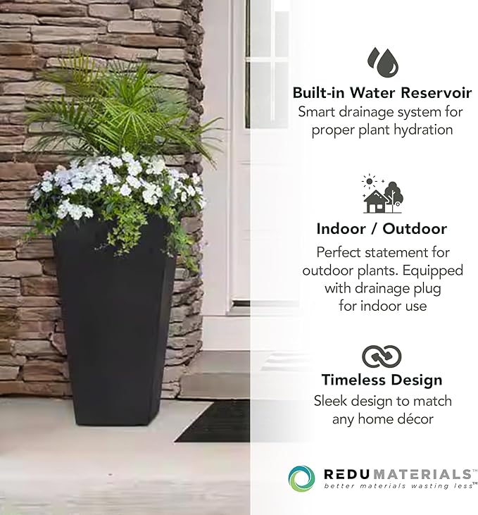 Tierra Verde 2-Pack Indoor &amp Outdoor Self-Watering Square Planters Large Sonata Black - Planter Containers for Plants and Flowers - Gardening and Landscaping Accessories