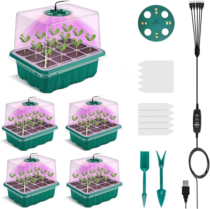 Seed Starter Tray with Grow Light Plant Germination Starter Kit Seed Starter kit with Humidity Dome and Base for Greenhouse Grow Wheatgrass Hydroponic (Timed Seedling Tray)