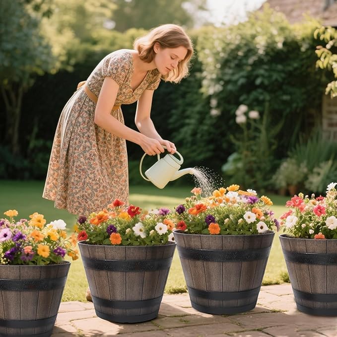 Large Plant Pots 22.25 Inch 2 Pack Plastic Whiskey Barrel Planters Big Flower Pots Wine Barrel Design for Outdoor Indoor Garden Porch Patio Backyard