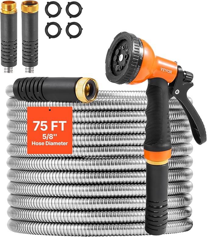 VEVOR Garden Hose Metal 75 ft Rust Proof Stainless Steel Water Hose Heavy Duty Backyard Hose with 10 Function Nozzle No-Kink &amp Flexible Water Pipe Lightweight Metal Hose for Yard Outdoor
