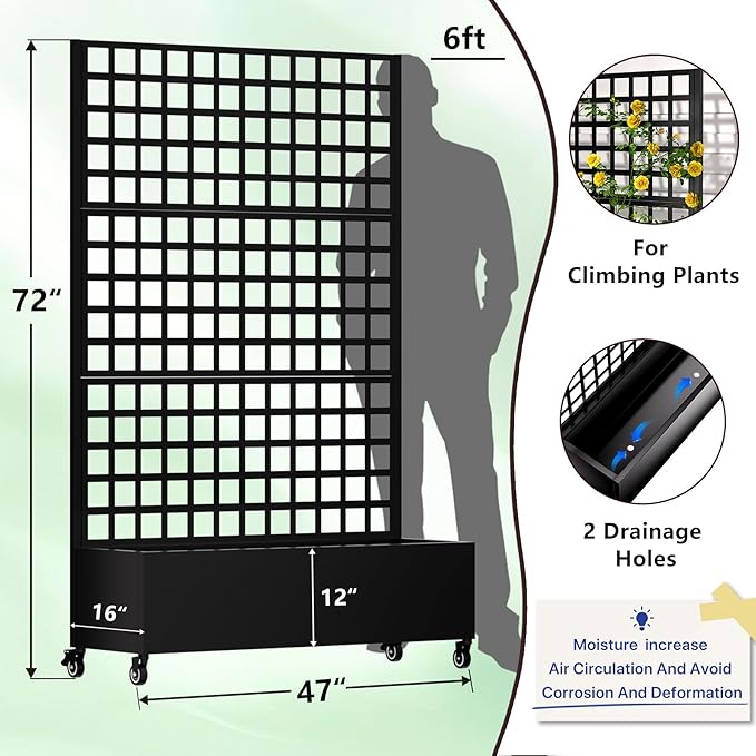 Metal Planter Box with Trellis72x47x16Galvanized Steel Outdoor Raised Garden Bed with Privacy Screenwith Drainage Holes &amp Lockable Casters for Climbing PlantsVinesand Vegetables(Grid-Black)