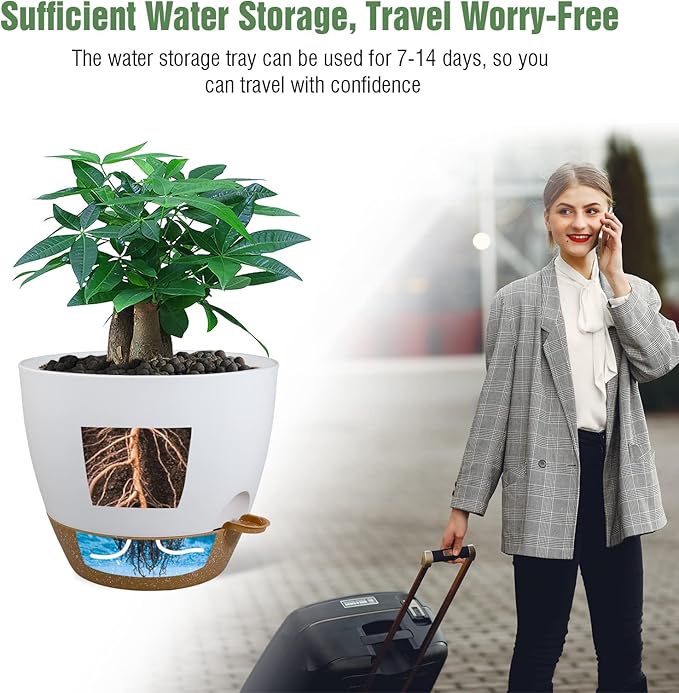 12 inch Large Self Watering Pots Plastic Planters with 60oZ Removable Deep Reservoir and Multi Mesh Drainage Holes for Indoor Outdoor Garden Plants and Flowers White with Brown