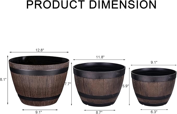 VECELO Plant Pots with Drainage Holes &amp Saucer 9/11.3/13 Inch Flower Pots with Tray 3 Pack Plastic Whiskey Barrel Planters for Indoor &amp Outdoor Garden Home Plants and Flowers