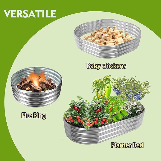 5X2.7X1 FT Oval Galvanized Metal Garden Raised Bed/Plant Box for Planting32 Inches Diameter Iron Fire Pit RingSmall Animal Fence-3 in 1 Modular Design in Black (Silver 60X32X11.5 Inches)