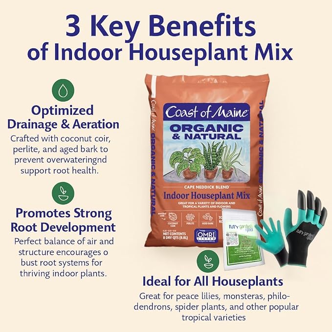 Coast of Maine HP4000 Cape Neddick Indoor Houseplant Mix 16 qt with My Garden Pool 7-in-1 Soil Test Strips 20 ct. and Claw Gardening Gloves