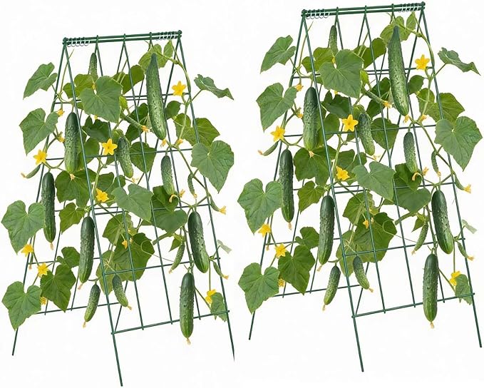 VEVOR Cucumber Trellis 46 High Foldable A-Frame Garden Trellises for Raised Bed 4 Panels Metal Rustproof Outdoor Climbing Plant Support with 2 Plant Bags for Vine Peas Beans Tomato Flowers