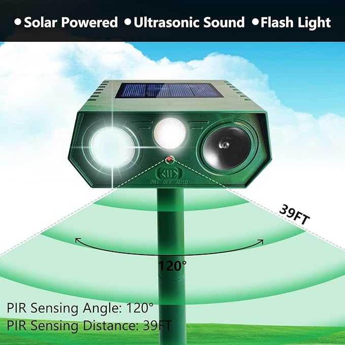 4 Pack 2026 Solar Animal Repeller Outdoor Ultrasonic Cat Repellant Deer Repellent Devices Waterproof Animal Deterrent Motion Activated for Squirrel Rabbit Skunk Raccoon Dog with Flash Light for Lawn