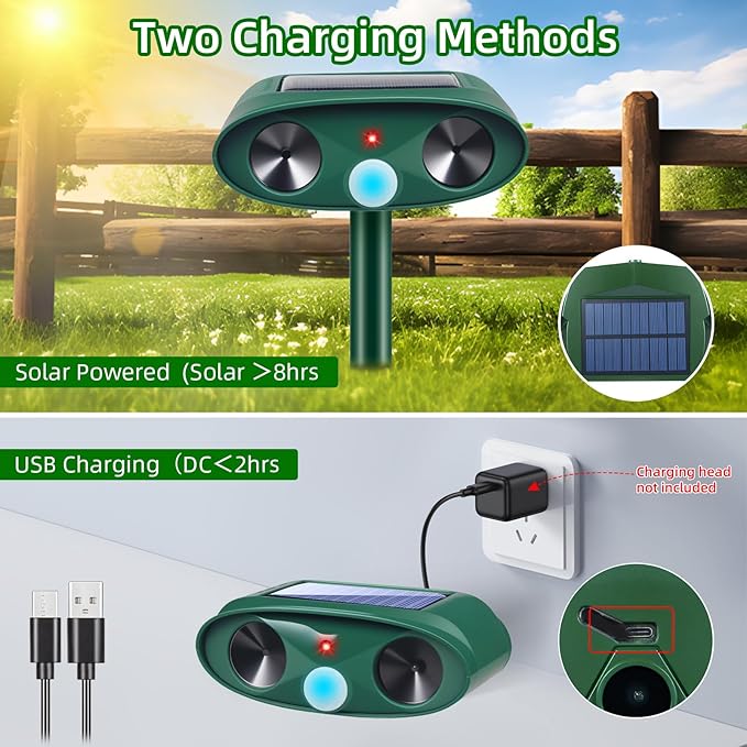 2 Pack Solar Ultrasonic Animal Repeller Outdoor Deer Repellent Devices Motion Activated Cat Deterrent for Yard Garden IP65 Waterproof Ultrasonic Pest Repellent for Squirrel Raccoon Dog Skunk Rabbit
