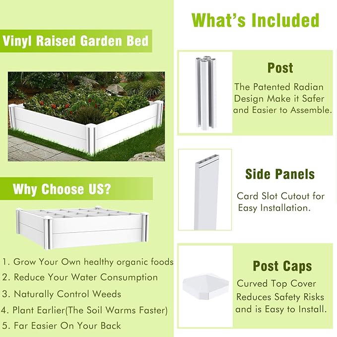 Raised Garden Bed Kit 4'x4' Outdoor Above Ground Planter Box for Growing Vegetables Flowers Herbs DIY Gardening Whelping Pen and More Screwless White Vinyl Garden Bed with Grid