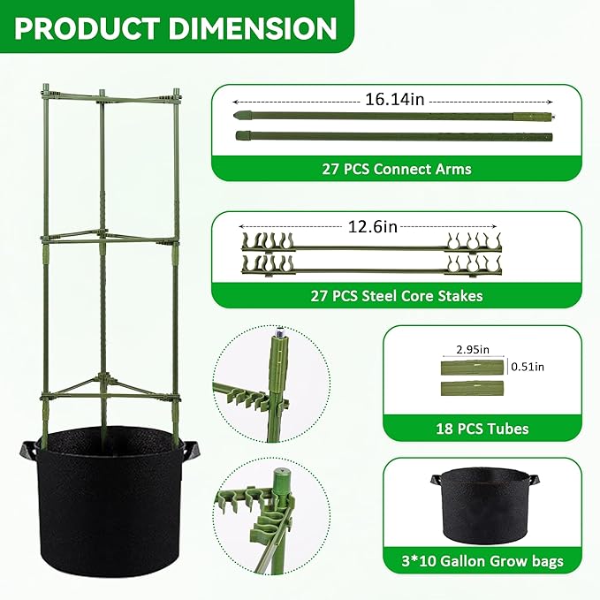 GENMOUS Tomato Cages with Grow Bags - 48 Inch Tomato Trellis for Raised Garden Bed 3-Pack Tomato Plant Support with 10 Gallon Plant Grow Bags Reusable and Height Adjustable