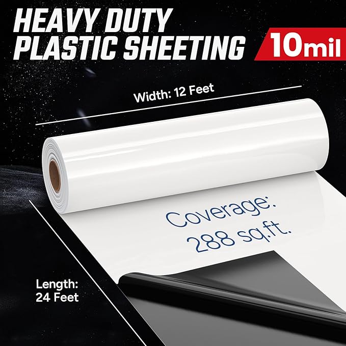 Crawl Space Vapor Barrier 10 Mil Vapor Barrier 12' x 24' Drop Cloth Moisture Barrier Covering for Crawlspace Encapsulation Thick Plastic Sheeting Polyethylene Film Black and White Panda Film