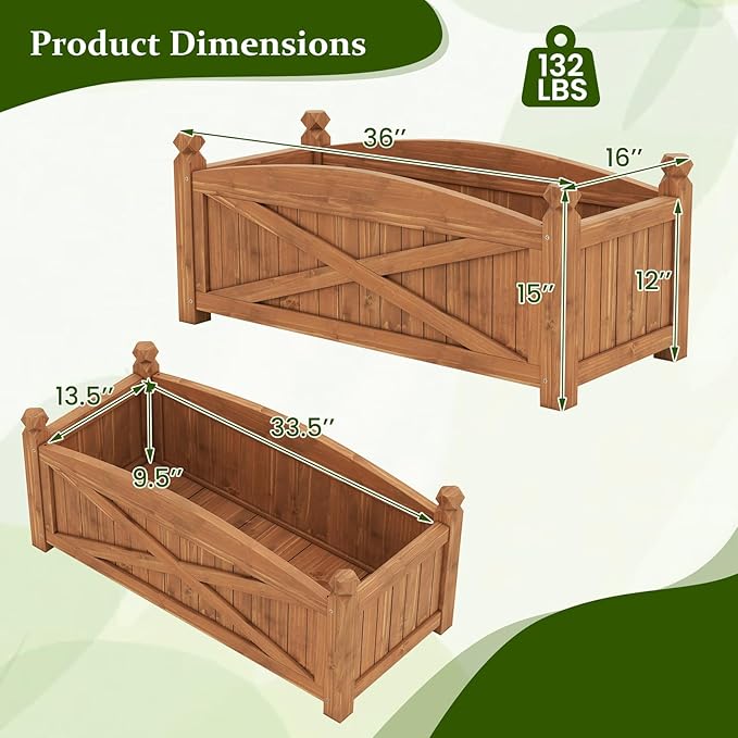 2 Pcs Raised Garden Bed 36”L x 16”W x 15”H Wooden Planter Boxes w/Drainage Holes &amp Removable Base Rectangular Garden Bed for Flowers Herbs Vegetables Fruits Patio Balcony Yard