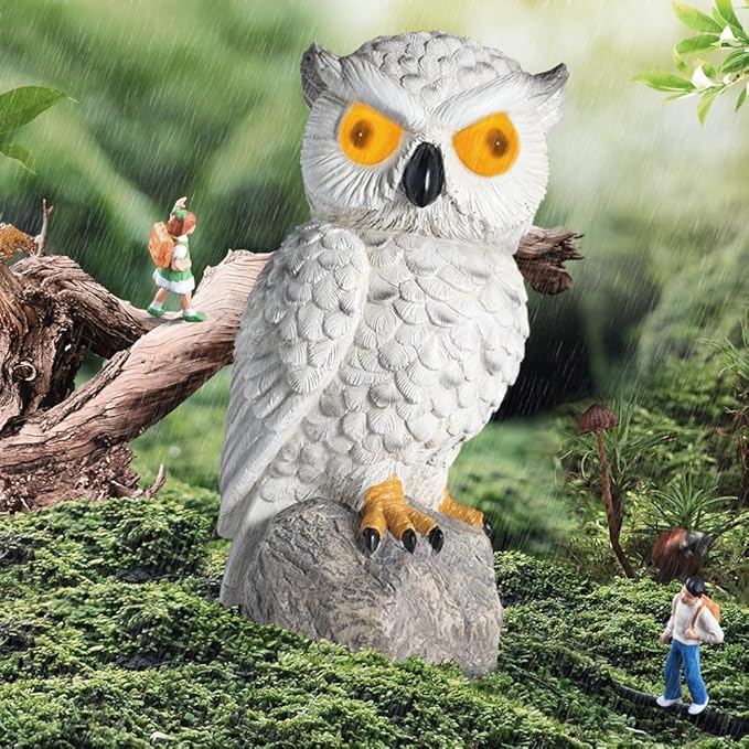 1 KINGO Fake Owl Decoy with LED Eyes &amp Ultrasonic Deterrent Scarecrow Owl Decoys to Scare Birds Away Bird Deterrents for Outside Solar Powered Bird Repellent Devices Outdoor Resin Garden Statu