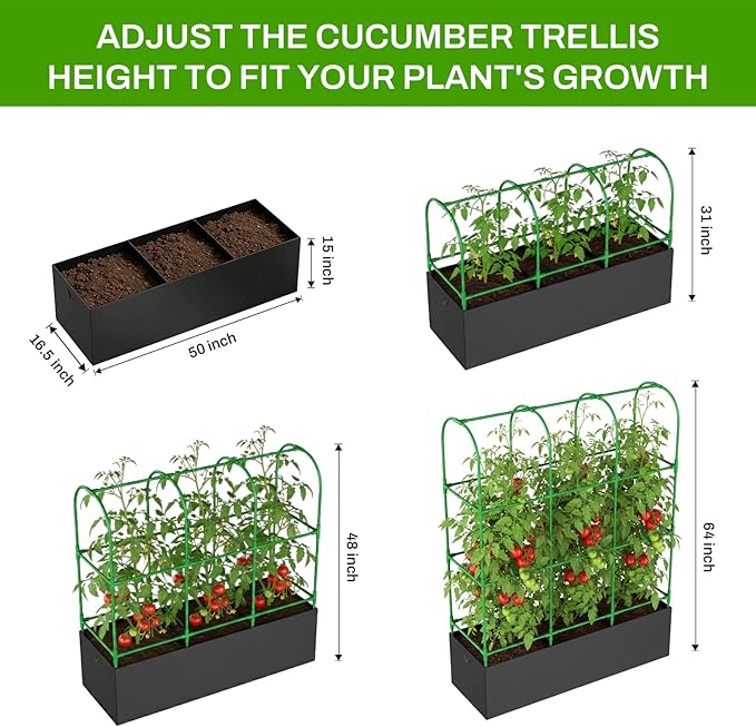 U-Shape Cucumber Trellis with Grow Bag 64 Tall Metal Garden Trellis for Climbing Plants Outdoor Reusable Cucumber Trellis for Raised Bed with Garden Netting for Tomatoes Peas Plant Vines Support
