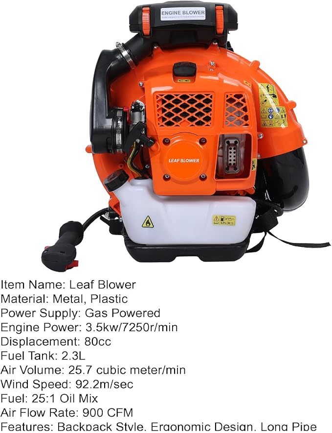 Backpack Leaf Blower 80CC 2 Stroke Gas Powered Backpack Leaf Blower 3.2KW High Power for Blowing Leaf Cleaning Dust with 2.3L Fuel Tank Adjustable Offset Handle Ergonomic Harness System 900CFM