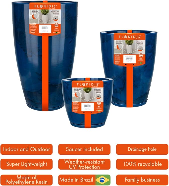 Floridis Planter Set of 3 Outdoor/Indoor Plastic Resin (Blue - Marble Effect)