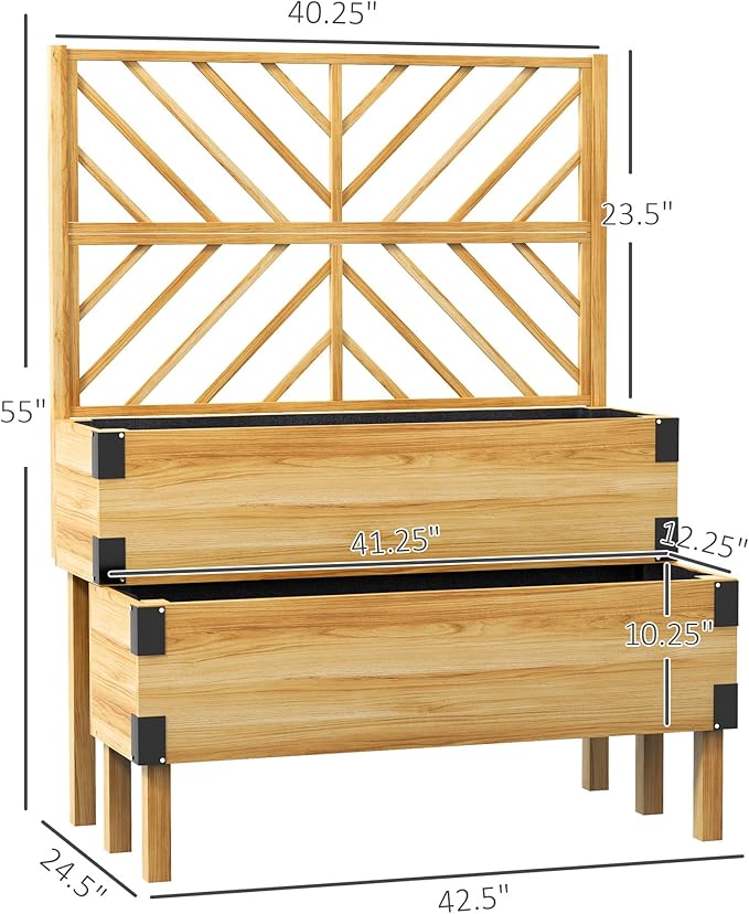 Outsunny Raised Garden Bed with Trellis 2 Tier Wooden Elevated Planter Box with Legs and Metal Corners for Vegetables Flowers Herbs Natural